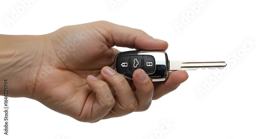 Wallpaper Mural Hand holding a shiny metallic car key against a clean white background, with soft lighting highlighting the sleek design and polished surface. Torontodigital.ca