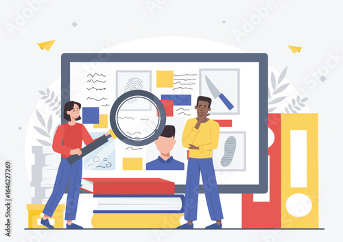Detectives analyzing crime evidence board. Vector illustration