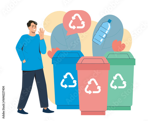 Man recycling plastic bottle outdoors. Vector illustration