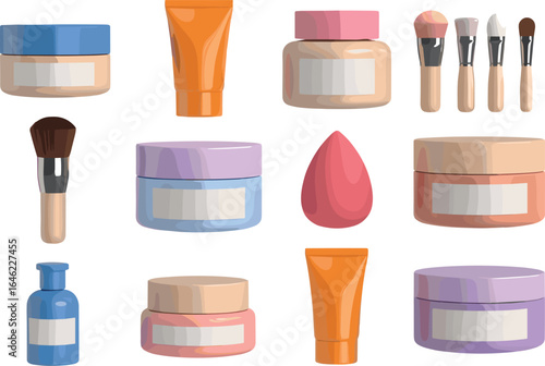 Essential Makeup Tools and Cosmetic Containers Set, Cream Jars, Brushes, Tubes, Bottles, and Sponge for Skincare and Beauty Routines
