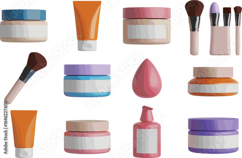 Essential Makeup Tools and Cosmetic Containers Set, Cream Jars, Brushes, Tubes, Bottles, and Sponge for Skincare and Beauty Routines