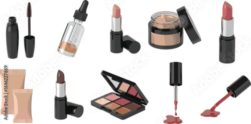 Essential Makeup Tools and Cosmetic Containers Set, Cream Jars, Brushes, Tubes, Bottles, and Sponge for Skincare and Beauty Routines