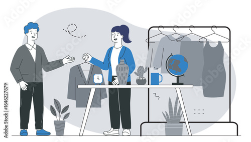 People talking at clothes market stand. Vector illustration