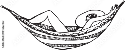 Hand-Drawn Black and White Sketch of Woman Resting in Hammock