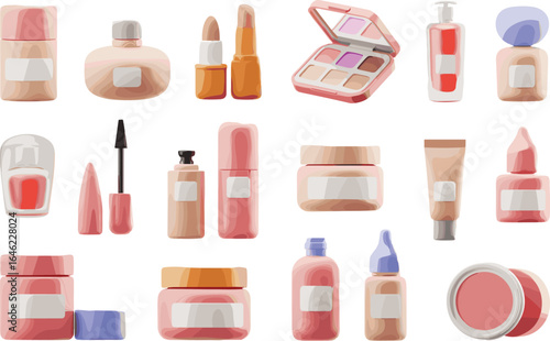 Essential Makeup Tools and Cosmetic Containers Set, Cream Jars, Brushes, Tubes, Bottles, and Sponge for Skincare and Beauty Routines