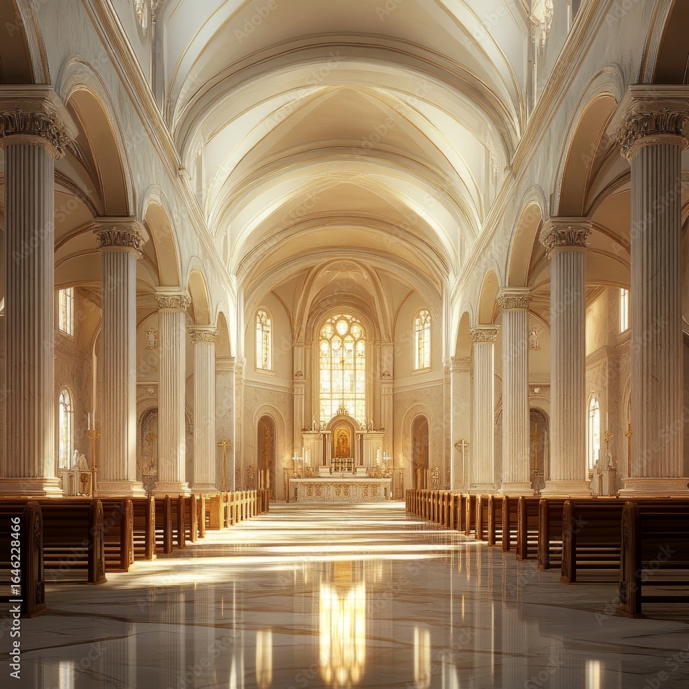 Fototapeta premium Elegant Marble Nave with Glowing Columns in Catholic Church Interior