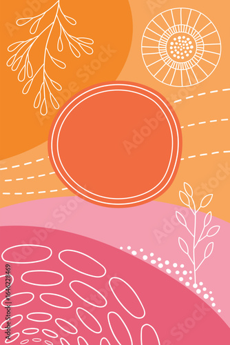 Vektorgrafik mit Zweigen und geometrischen Formen in Pink und Orange. Freier Platz für Text. Vorlage für Einladungen, Grußkarten, Social Media Posts, Cover, Flyer und Werbung.