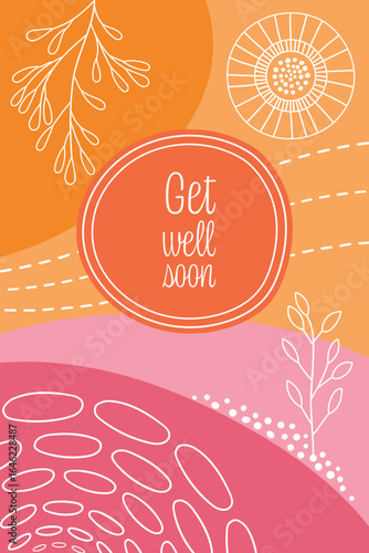 Get well soon - Schriftzug in englischer Sprache - Gute Besserung. Karte mit Zweigen und geometrischen Formen in Pink und Orange.