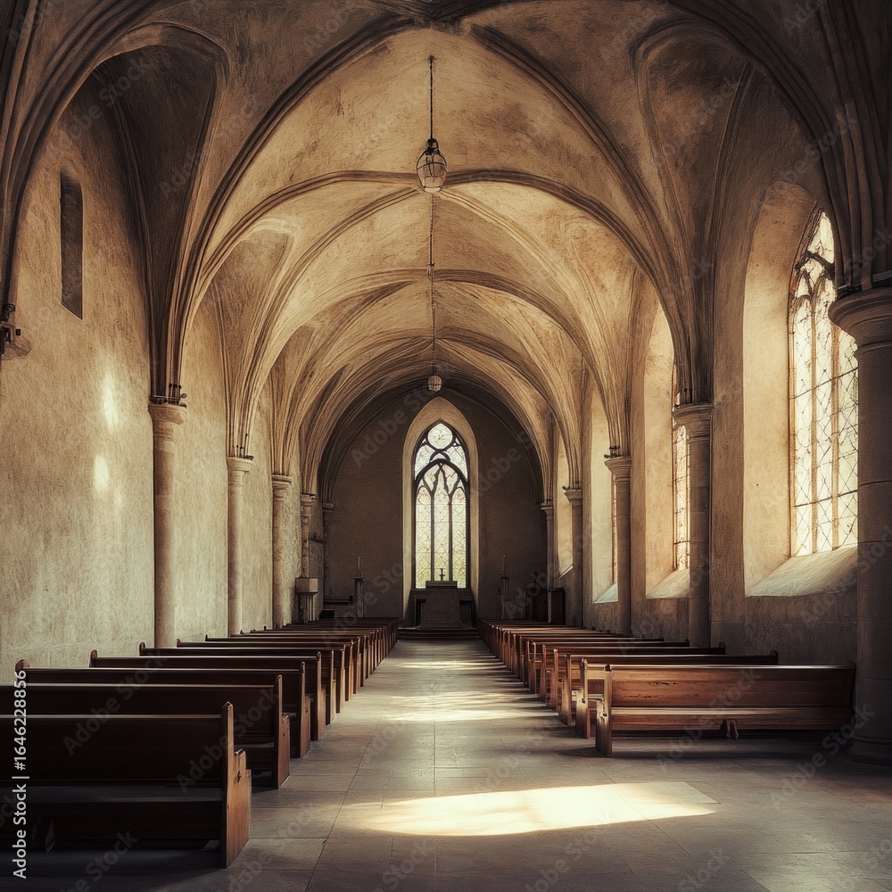 Fototapeta premium Serene Interior of an Empty Monastery Chapel with High Stone Arches