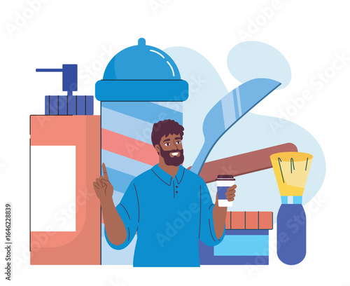 Barber shop tools and happy customer. Vector illustration