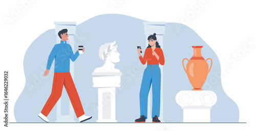 People visiting an art museum exhibit. Vector illustration