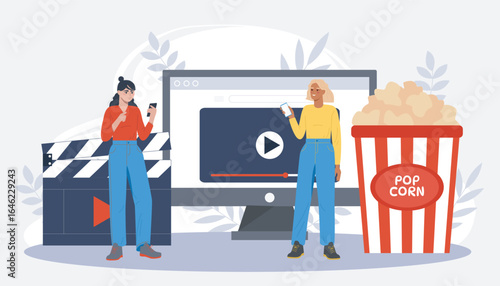 Watching online movie with popcorn fun. Vector illustration