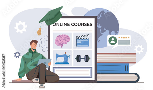Online education concept with student.. Vector illustration