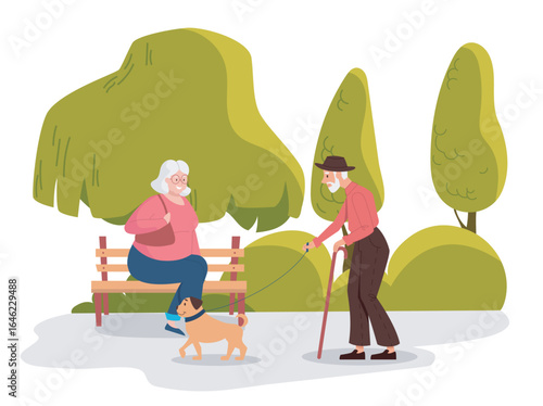 Elderly couple with dog in park scene. Vector illustration