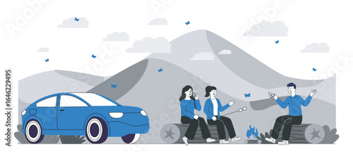 People camping near car in mountains. Vector illustration