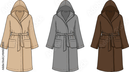 Hooded bathrobe illustration, beige gray brown robes, fashion sketch, cozy loungewear, textile design, bathrobe set, garment drawing