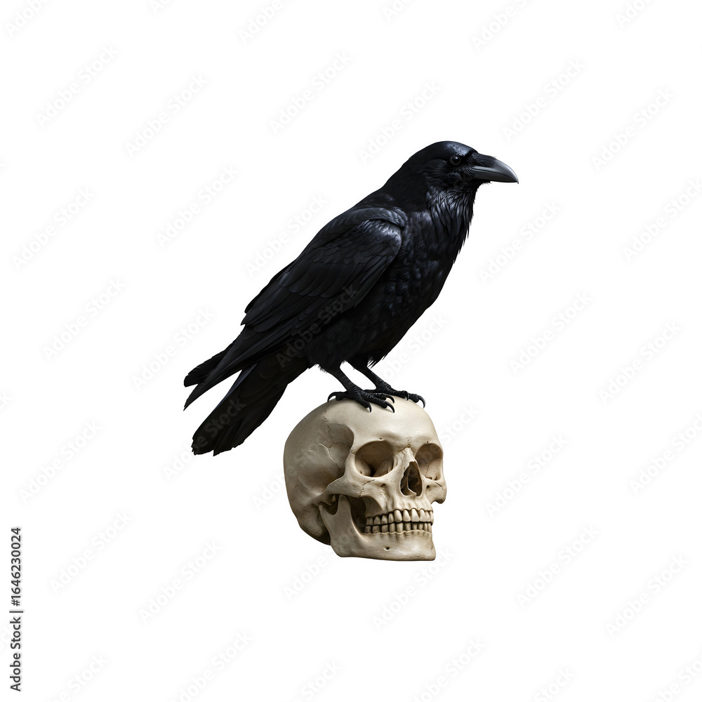 Fototapeta premium Mysterious Black Raven Perched on Human Skull – Gothic Halloween Horror Symbol of Death