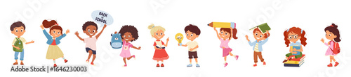 Cartoon children with school supplies, backpacks, books. Happy boys and girls ready for school or preschool. Vector pupils illustrations perfect for education projects, kids' designs. Back to school
