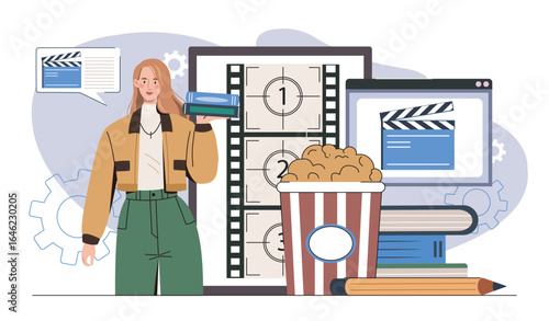 Female student with film study concept. Vector illustration
