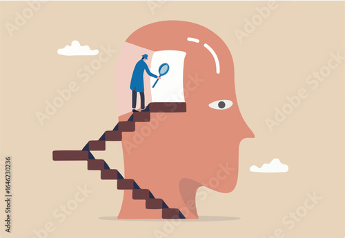 Psychology or brain analyze for human intelligence, memory, mindset or mental wellbeing, neurology or psychotherapy concept, man walk up the stair to open human head see mystery secret of human brain.