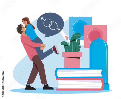 Couple with safe sex education symbols. Vector illustration