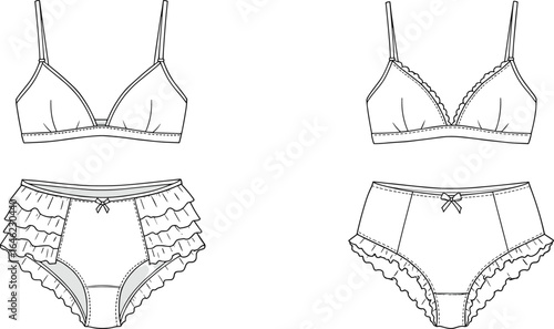 Elegant lingerie set illustration, detailed bra and panties design, fashion sketch for sewing patterns, apparel creation, undergarment design, feminine style