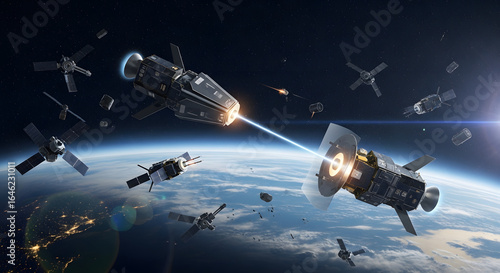 Fototapeta Naklejka Na Ścianę i Meble -  Satellites engage in space warfare with one using an energy shield to deflect a laser blast illustrating futuristic military defense technology.