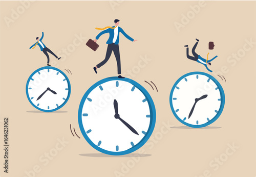 Time management, work schedule and deadline or productivity and efficiency work concept, businessmen riding rolling clock face with confidence skillful man in the middle success manage to reach target