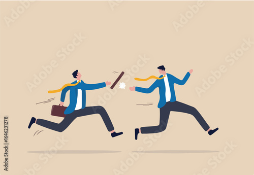 Fail baton pass, failure or mistake causing business lost, bad work transition, struggle relay, error or foul concept, distrust partner businessman fail baton pass losing business competition.