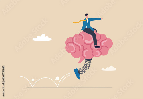 Brain intelligence, resilience or creativity to control thinking process for new idea, smart or wisdom to brainstorm, imagination to success concept, businessman riding human brain with springboard.