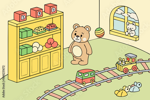 Cute cartoon teddy bear in a playroom with toys and a bookshelf