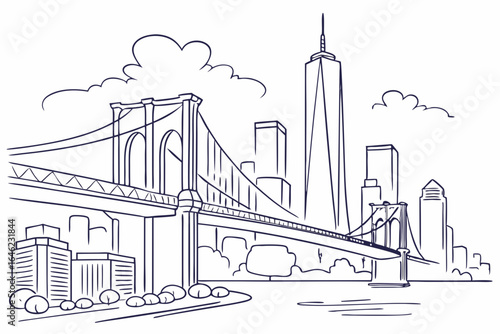 New york city skyline with brooklyn bridge and freedom tower sketch