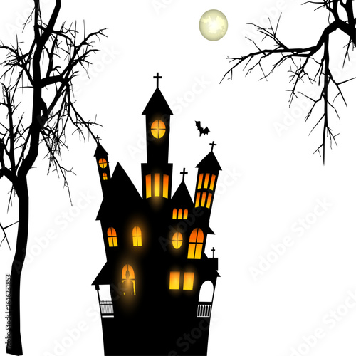 Spine-chilling silhouette of an abandoned house beneath a huge full moon, bats soaring around