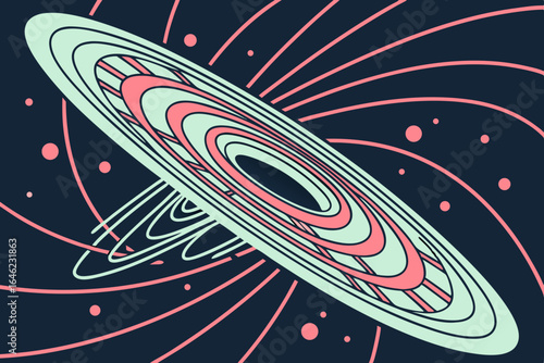 Abstract illustration of a black hole with accretion disk and gravitational lensing