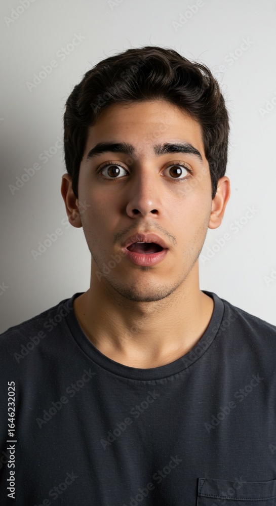 Obraz premium Astonished Young Man: A close-up portrait of a young man with wide, expressive eyes and an open mouth, conveying a look of utter surprise and disbelief.
