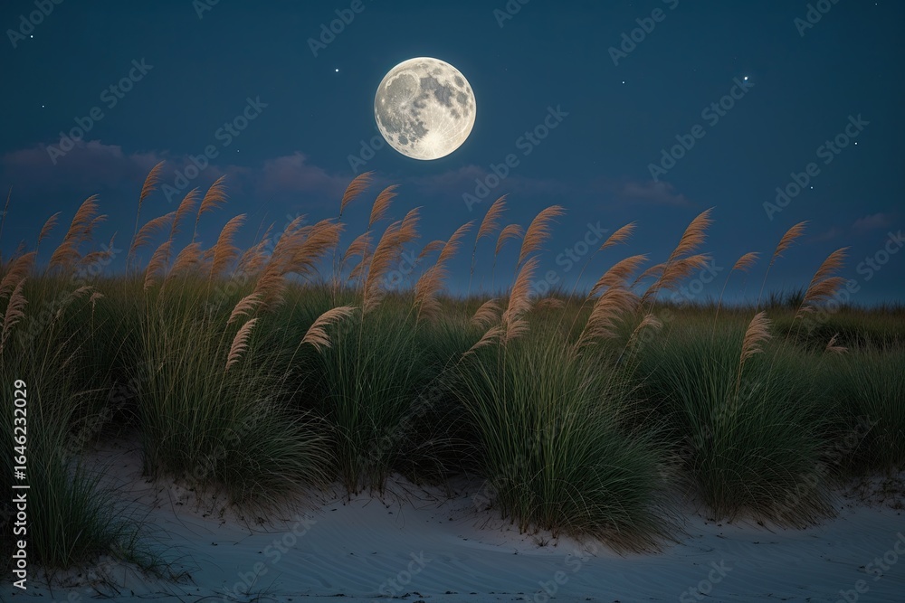 Fototapeta premium Flowing Beach Grass Silhouettes Under a Full Moon Nightscape