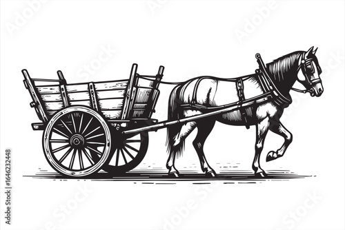 Horse pulling wooden cart wagon carriage