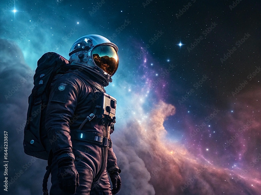 Space explorer in a spacesuit with a mirror helmet reflecting a nebula Space explorer in a spacesuit with a mirror helmet reflecting a nebula