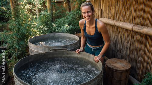 Woman standing beside large outdoor ice bath tubs.
