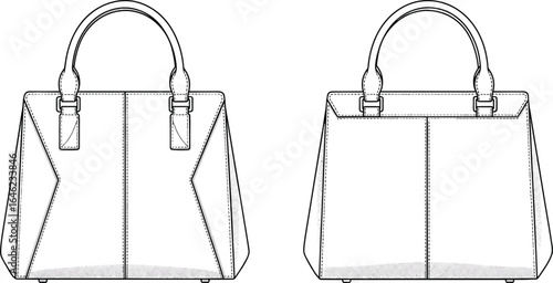 Technical Handbag Sketch, Front and Back View, Structured Tote Design, Stitching Details, Fashion Accessory Drawing, Geometric Panel Illustration