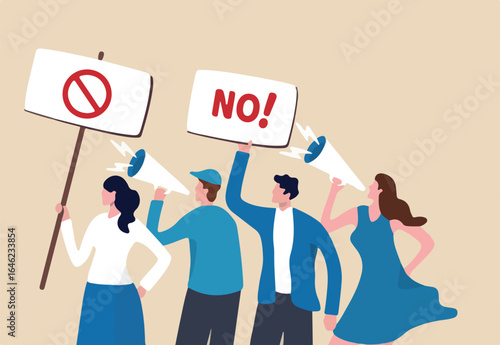 Employee protest, work strike or people demonstration, social gathering, activism protest for civil right, democracy or politic concept, people carrying protesting sign shouting on megaphone.