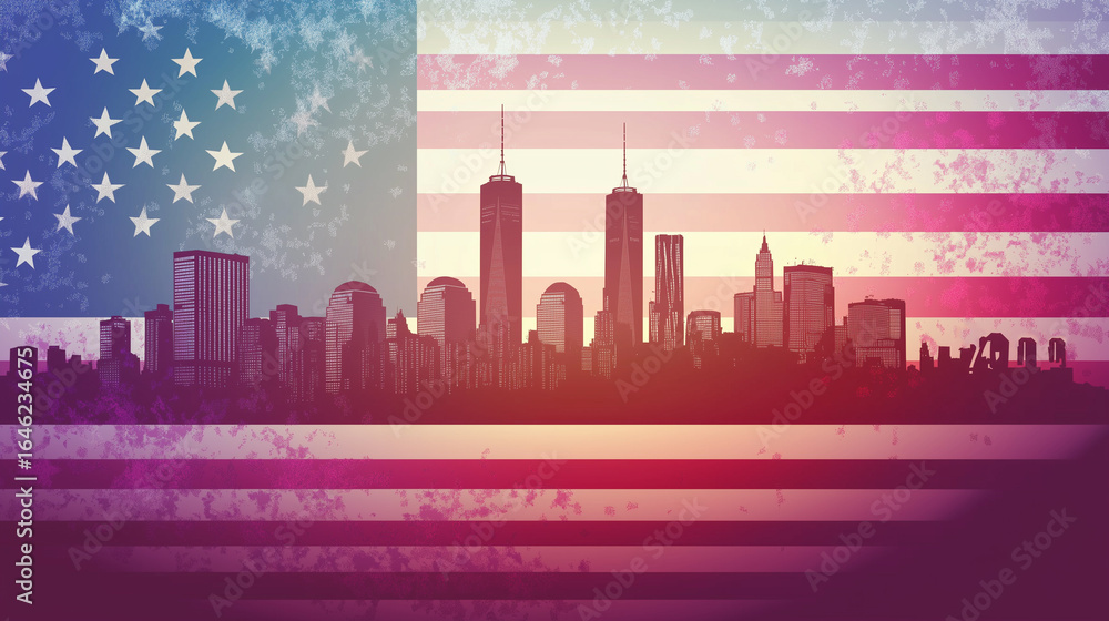 Obraz premium American Flag with Skyscrapers Silhouette at Sunset. Banner for American Patriot Day. PatriotDay 9.11. September 11 banner