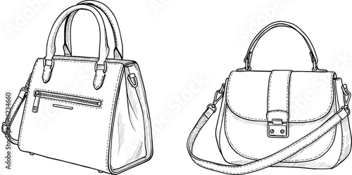Structured Handbag Sketch, Flap Bag Illustration, Front View, Buckle Closure, Zipper Pocket, Fashion Accessory, Technical Drawing, Tote Design
