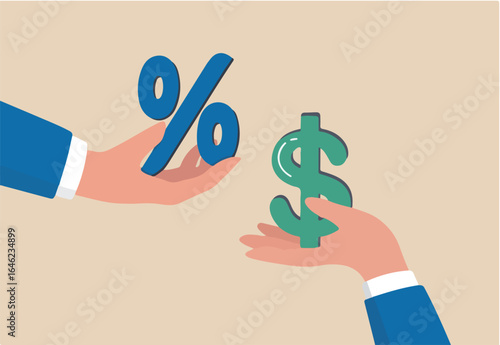 Investment profit earnings, interest rate or dividends percentage, offer discount or sale, income tax or make money concept, businessman hand offer percentage sign with other giving dollar money.
