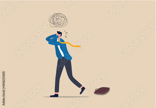 Stress at work, exhausted from overworked and too many problems or frustrated and paranoia office worker concept, hopelessness frustrated businessman employee with anxiety busy line over his head.