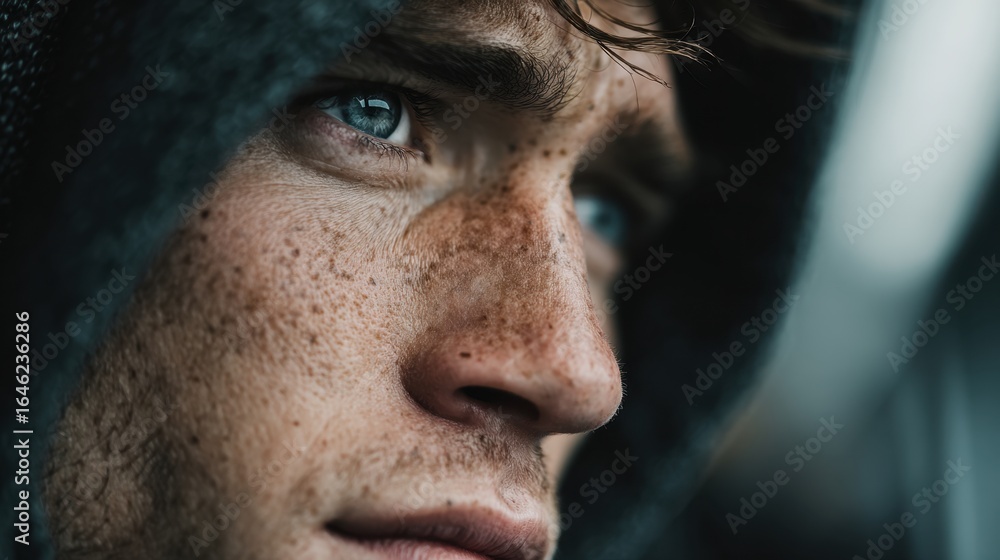 Obraz premium A close-up portrait of a person with striking blue eyes and a complex of freckles, exuding raw emotion.
