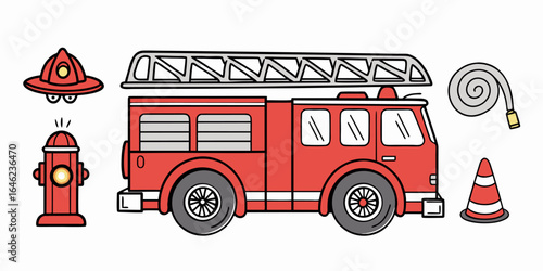 Cartoon Fire Truck, Helmet, Hydrant, Hose & Cone