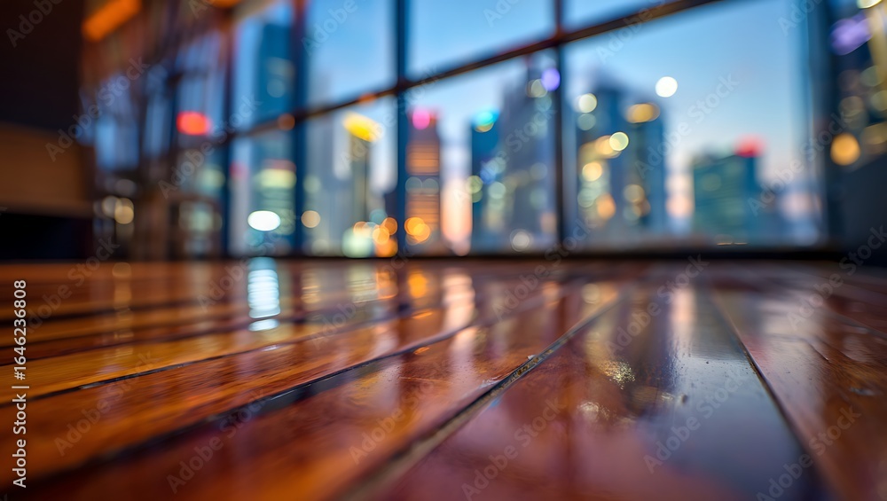 Obraz premium Wooden floor reflecting city lights through a large window at dusk