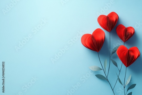 Paper Craft Red Heart Flowers on Blue Background Creating a Vibrant and Cheer...