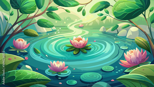 Delicate ripples dance around emerald leaves, as soft breezes carry the scent of blooming flowers, embracing the pond’s serene charm in a semi-realistic harmony of color, light, and life.